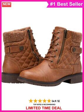 Faux Leather Wide Width Combat Ankle Boots Lace Up Low Heel Zip Booties